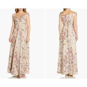 ADRIANNA PAPELL Off The Shoulder Floral Jacquard Ballgown In Grey Multi